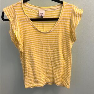 CAbi Yellow and White Striped Short Flutter Sleeve Tee